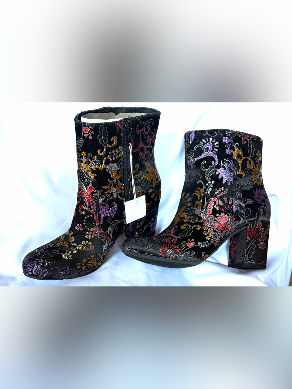 Brash Black Tapestry Print Floral Embroidered Block Heel Ankle Boots